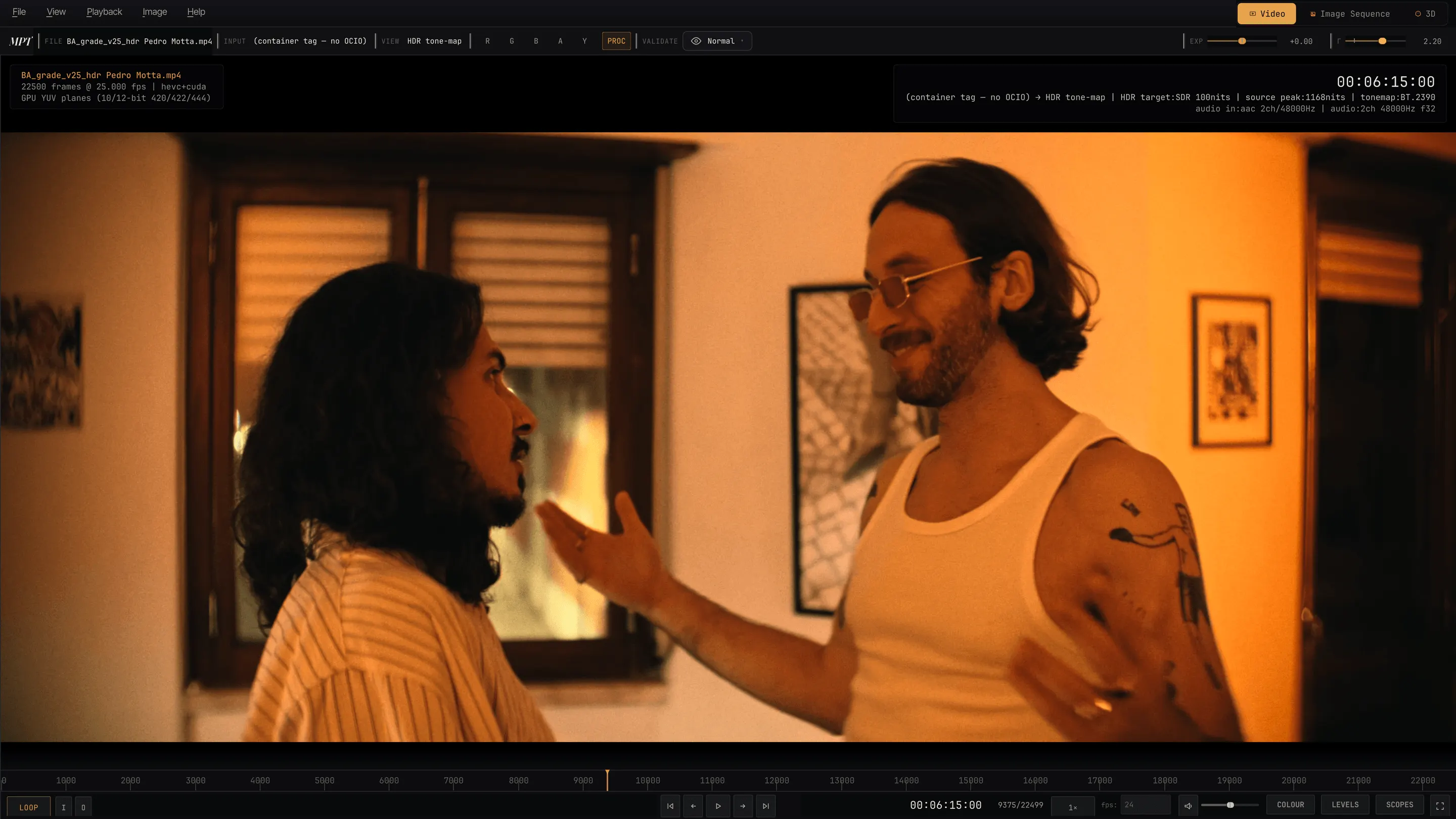 A warm interior shot from the short film BA playing in MPT, with the HDR tone-mapping settings and source peak brightness shown across the top of the viewer.