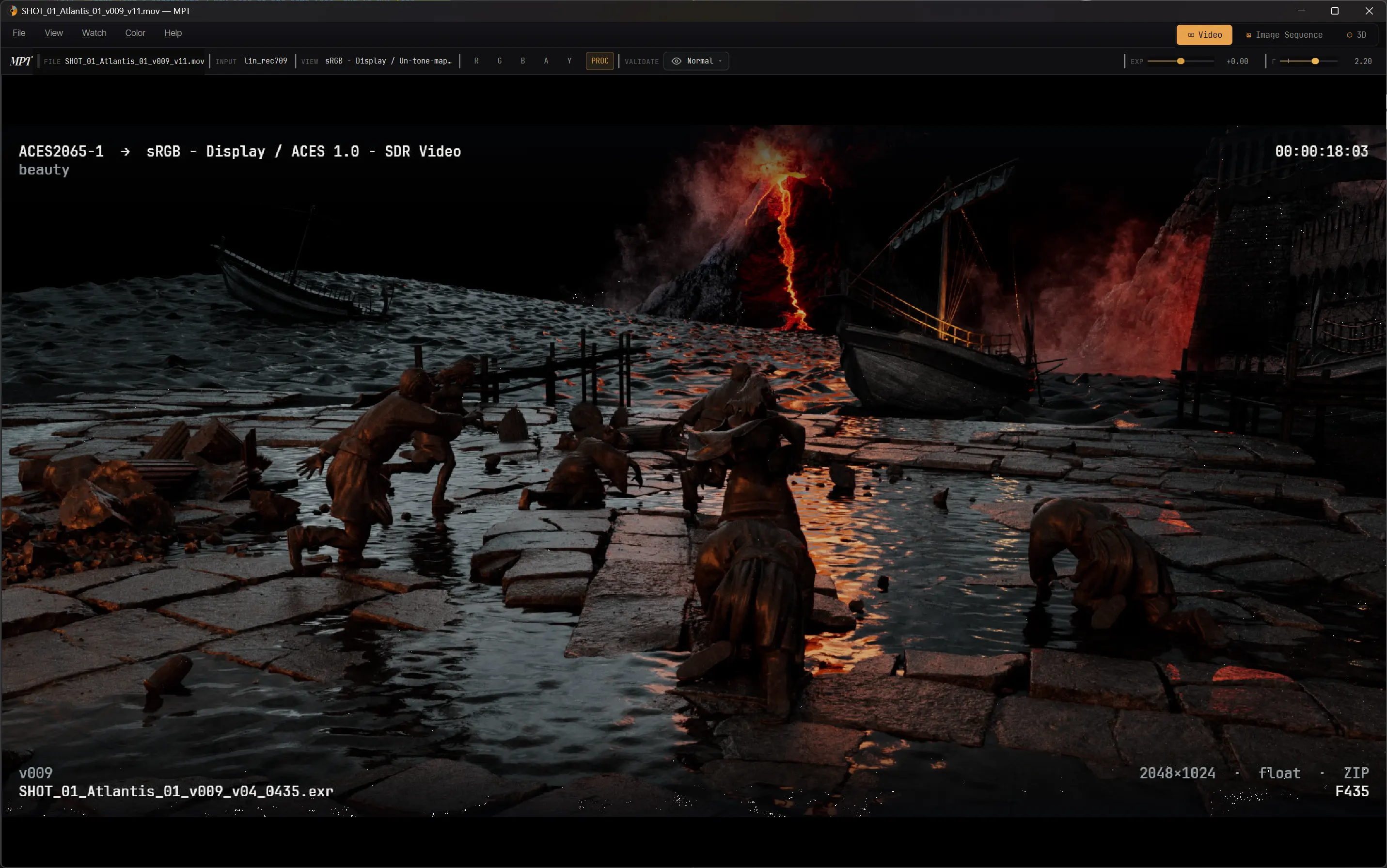 MPT playing a ProRes VFX shot, with the source colour space, view transform and timecode shown across the top bar.