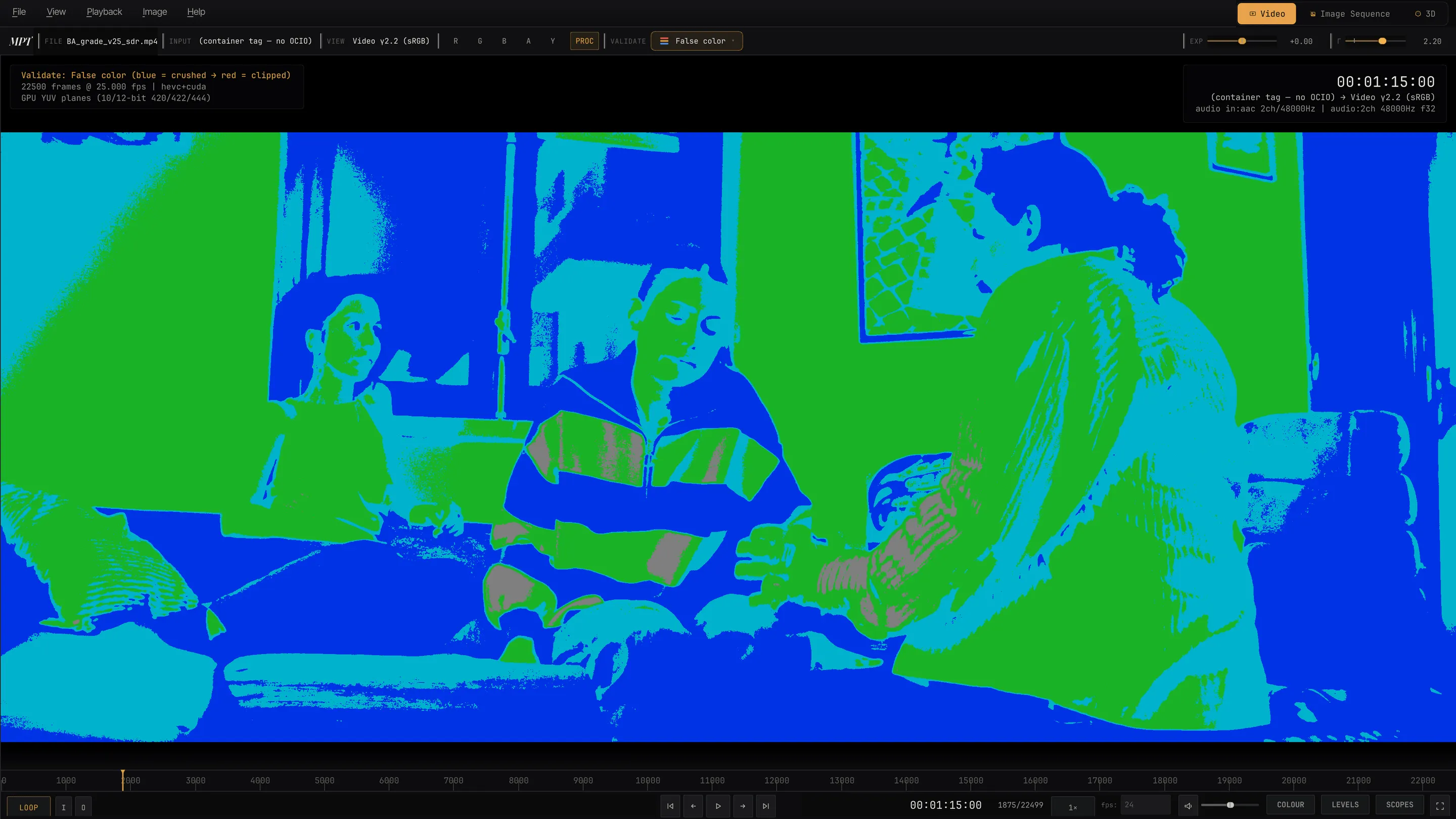 A film frame in MPT's false-colour mode, with exposure zones mapped to flat colours.