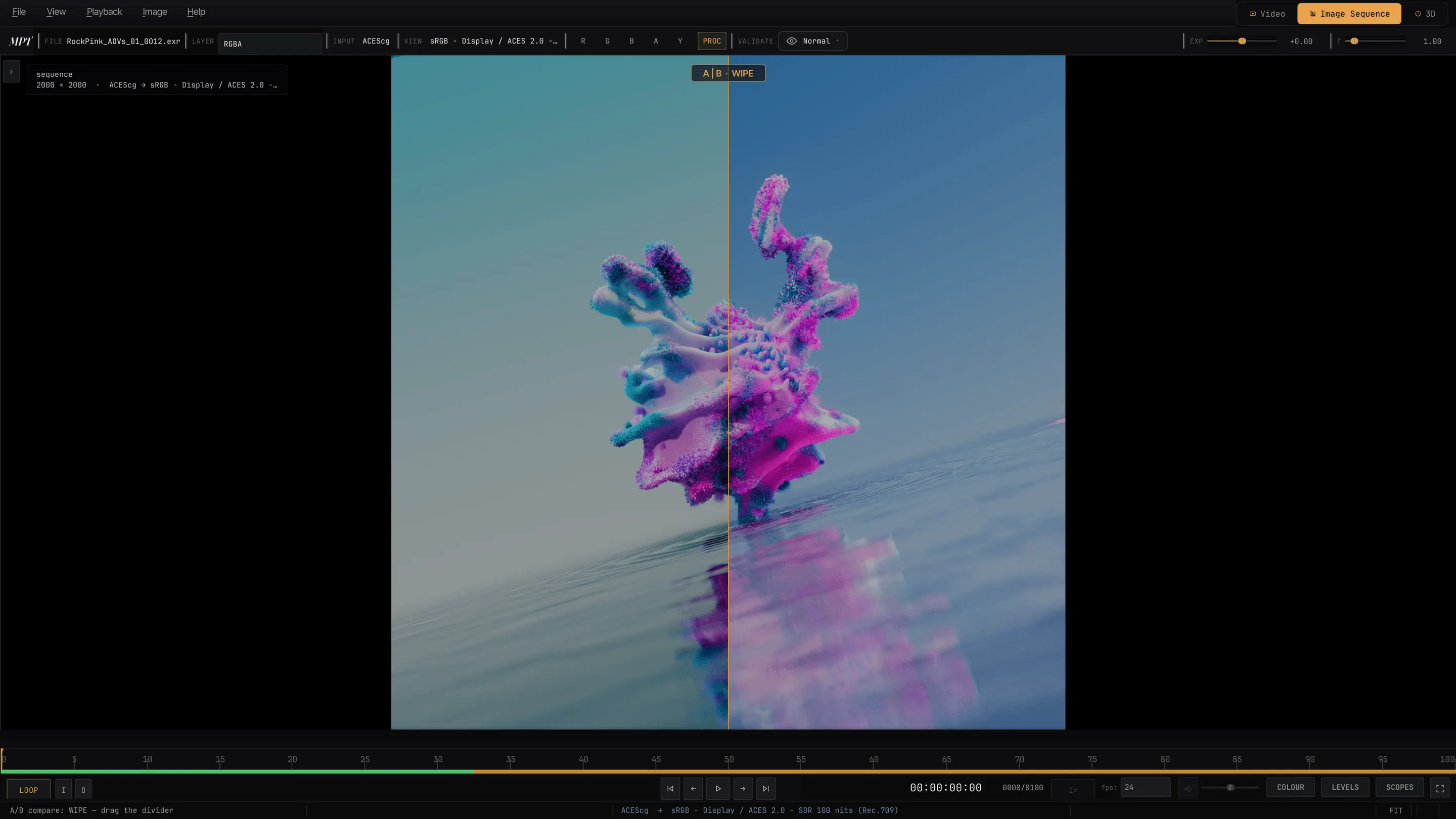 Two versions of the same EXR render compared in MPT with a vertical A/B wipe.