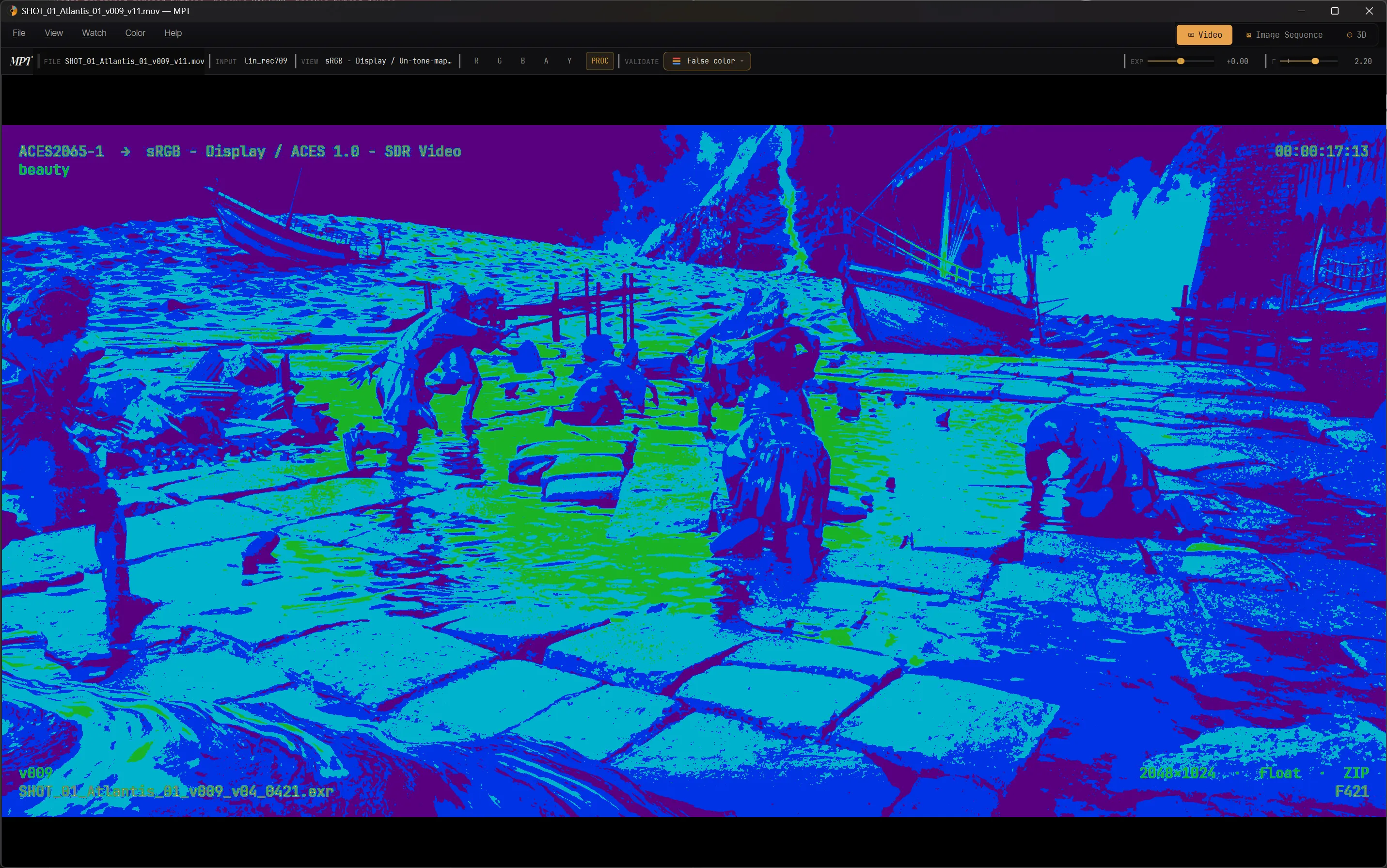 A frame in MPT's false-colour mode, exposure zones mapped to flat colours for checking.