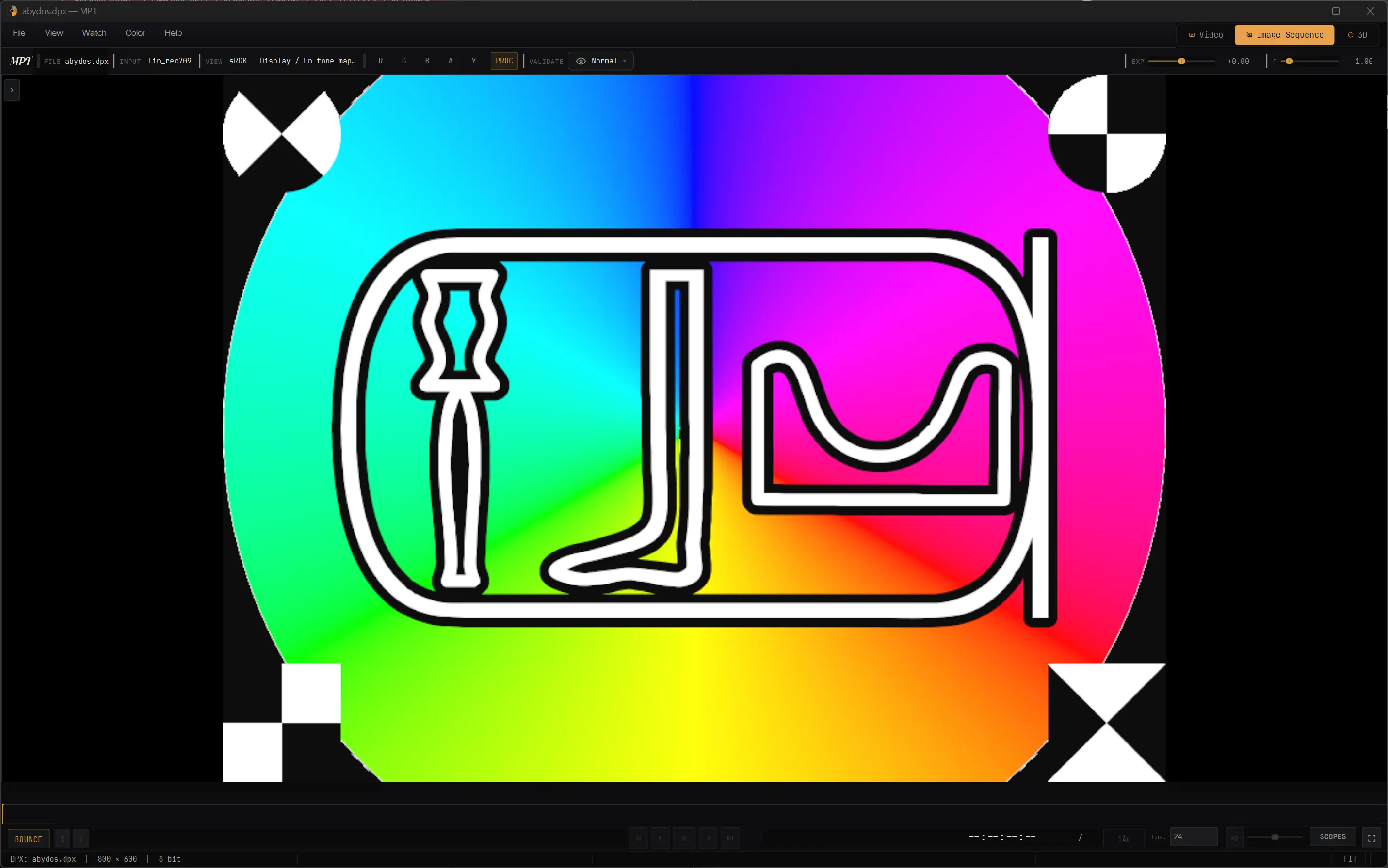 A DPX test pattern opened natively in MPT at full bit depth.
