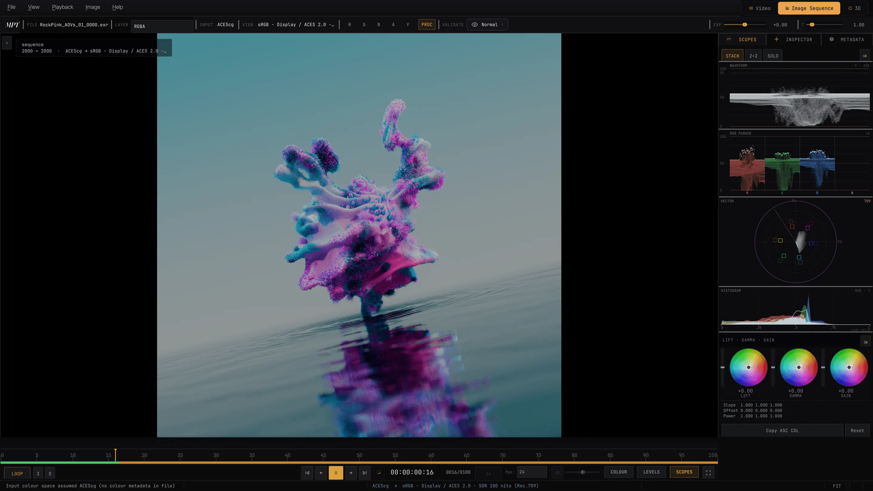 A multi-layer OpenEXR render sequence playing in MPT from the RAM cache, with scopes attached.