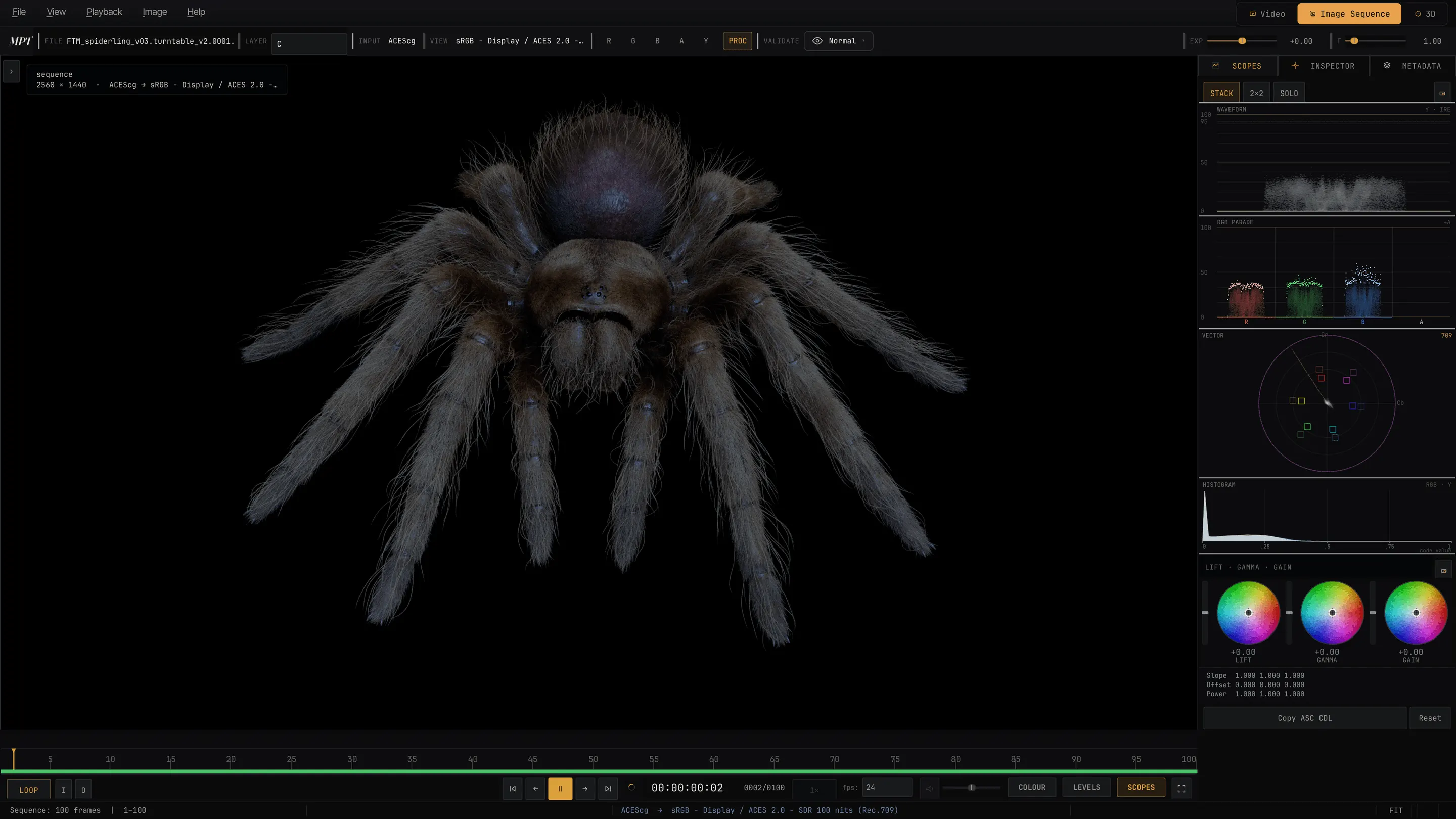 A creature turntable render sequence in MPT with scopes attached.