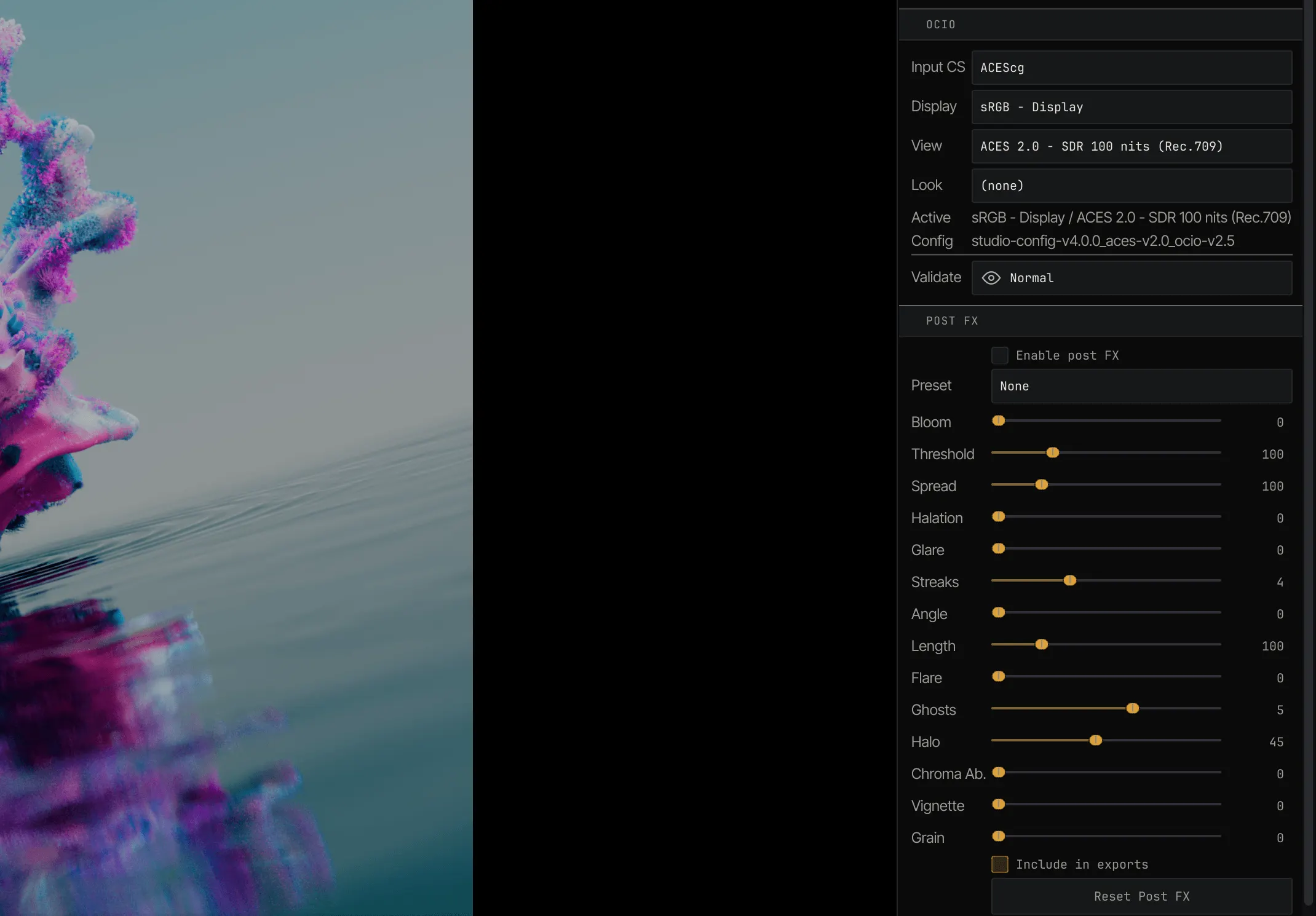 MPT's Inspector with the OCIO settings and the Post FX controls for bloom, glare, flare, chromatic aberration, vignette and grain.