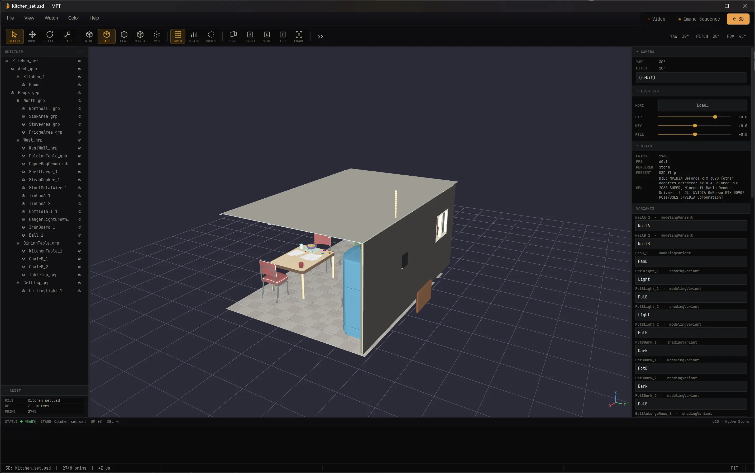 An OpenUSD scene rendered live in MPT's 3D viewport through Hydra Storm, with the prim outliner on the left.
