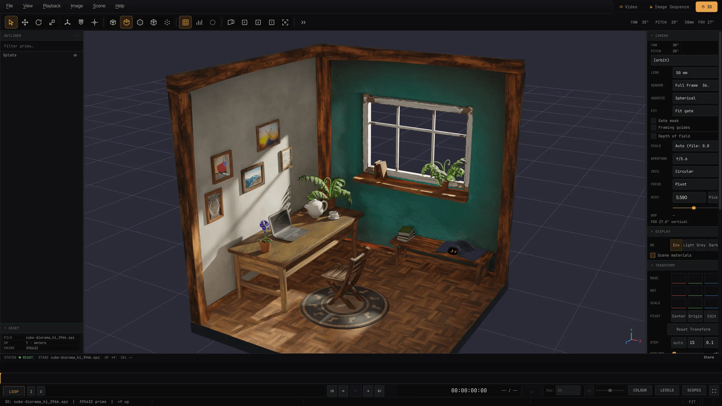 A 3D Gaussian Splatting capture of a small furnished room diorama in MPT's 3D viewport.