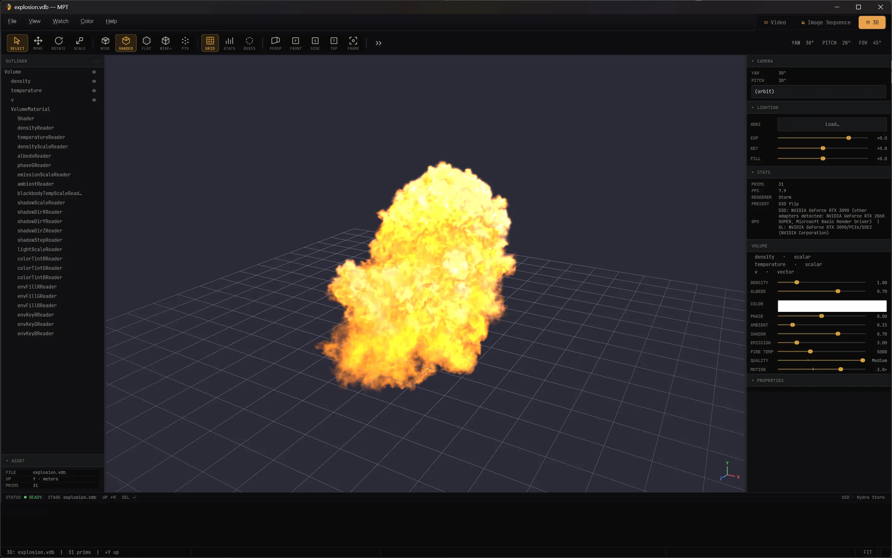 An OpenVDB explosion simulation in MPT, shaded with blackbody emission.