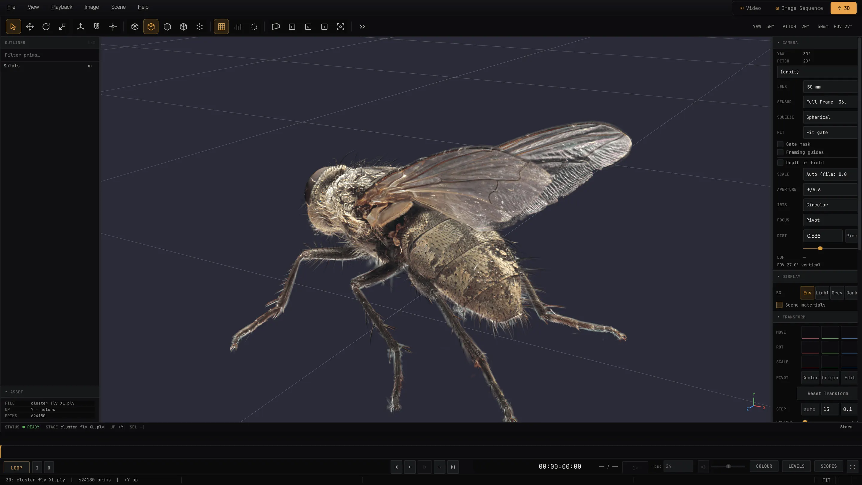 A macro 3D Gaussian Splatting capture of a fly, with fine hair and wing detail, in MPT's 3D viewport.