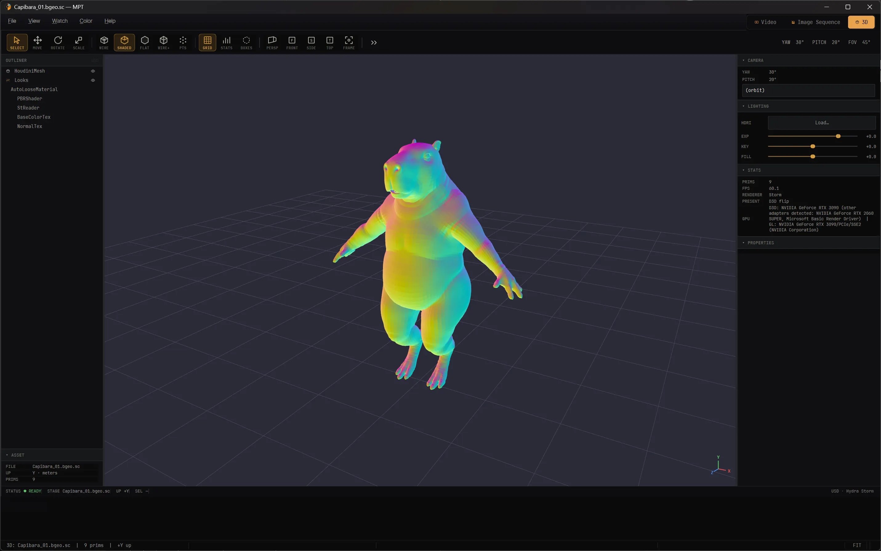 A Houdini .bgeo point cache open in MPT's 3D viewport, read without Houdini installed.
