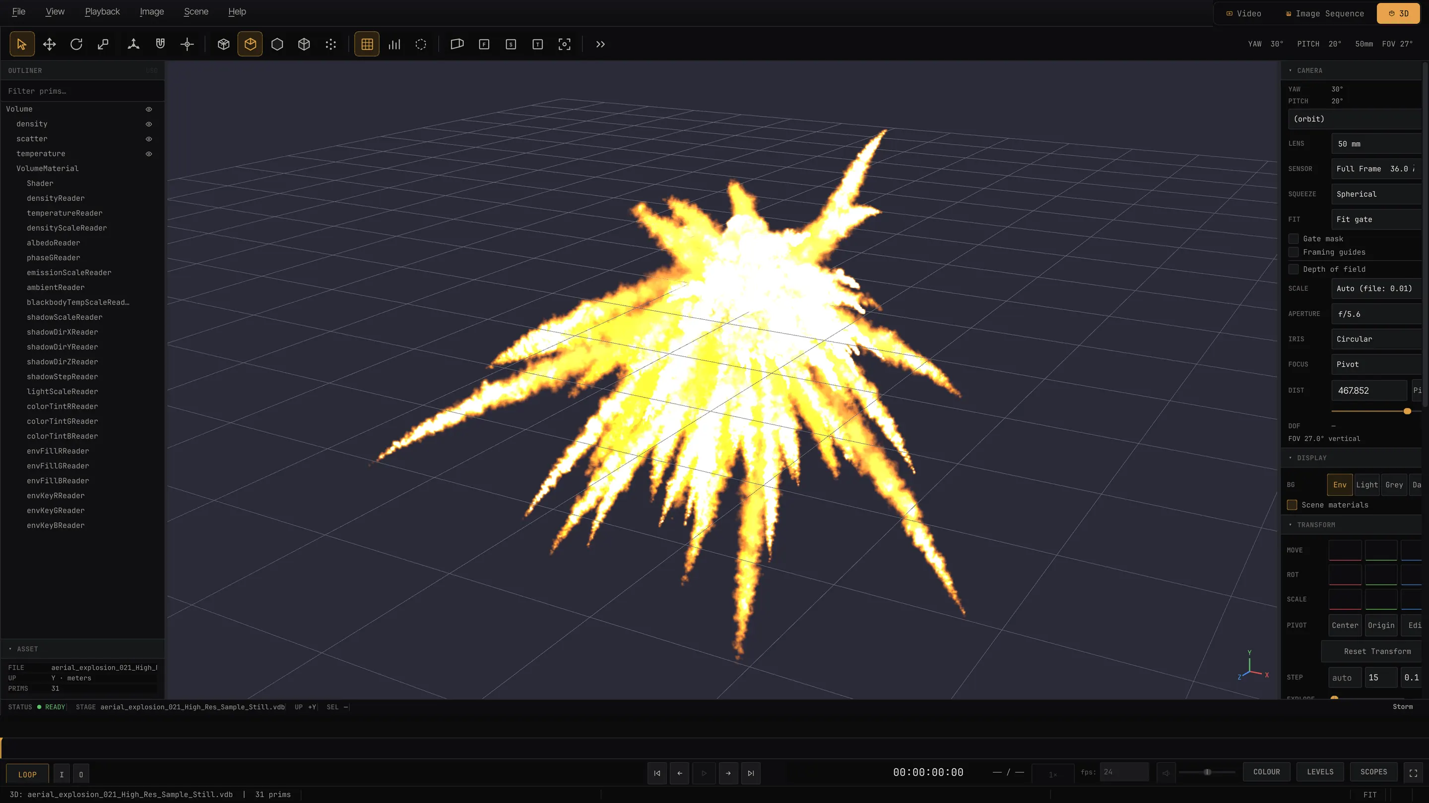An OpenVDB explosion volume rendered with blackbody emission in MPT's 3D viewport.