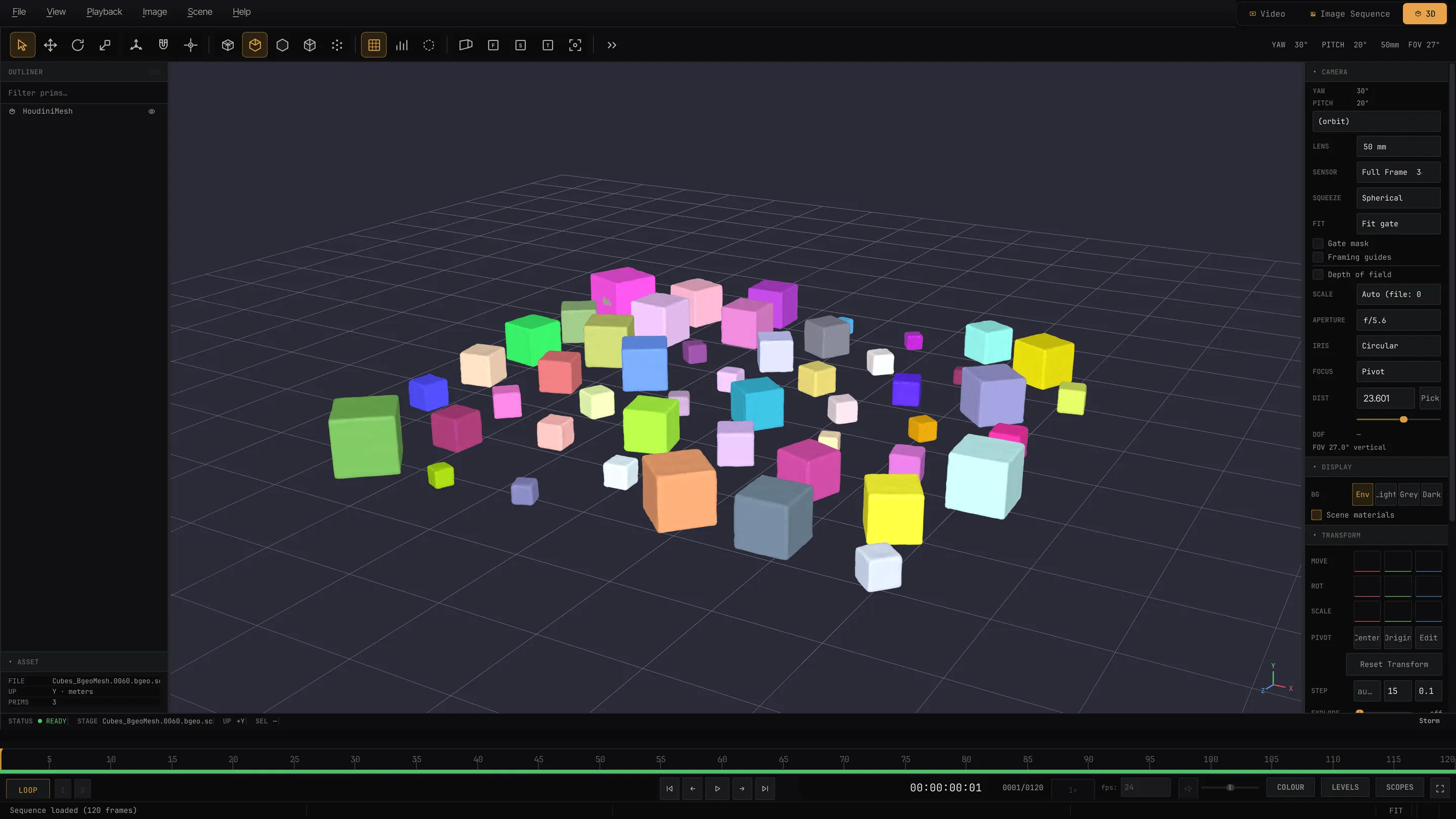 A Houdini mesh simulation cache of scattered cubes open in MPT's 3D viewport, read without Houdini installed.