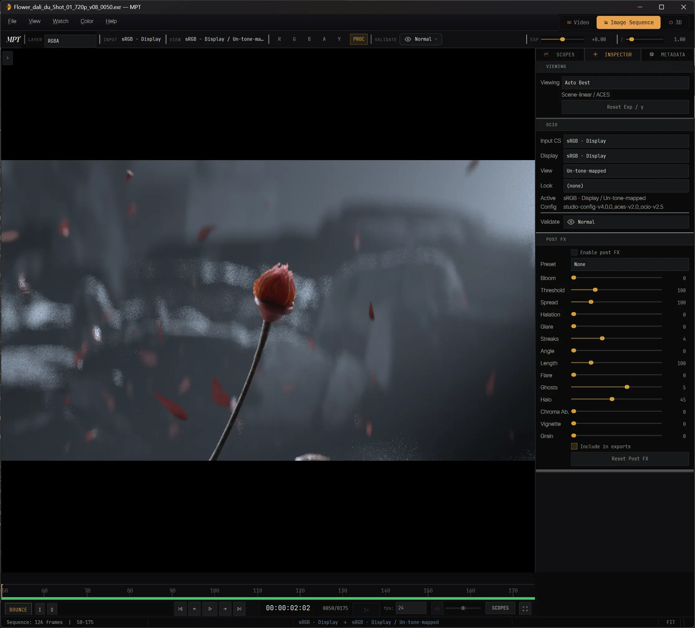 MPT's Post FX panel, with bloom, glare, flare, chromatic aberration, vignette and grain controls applied in scene-linear.