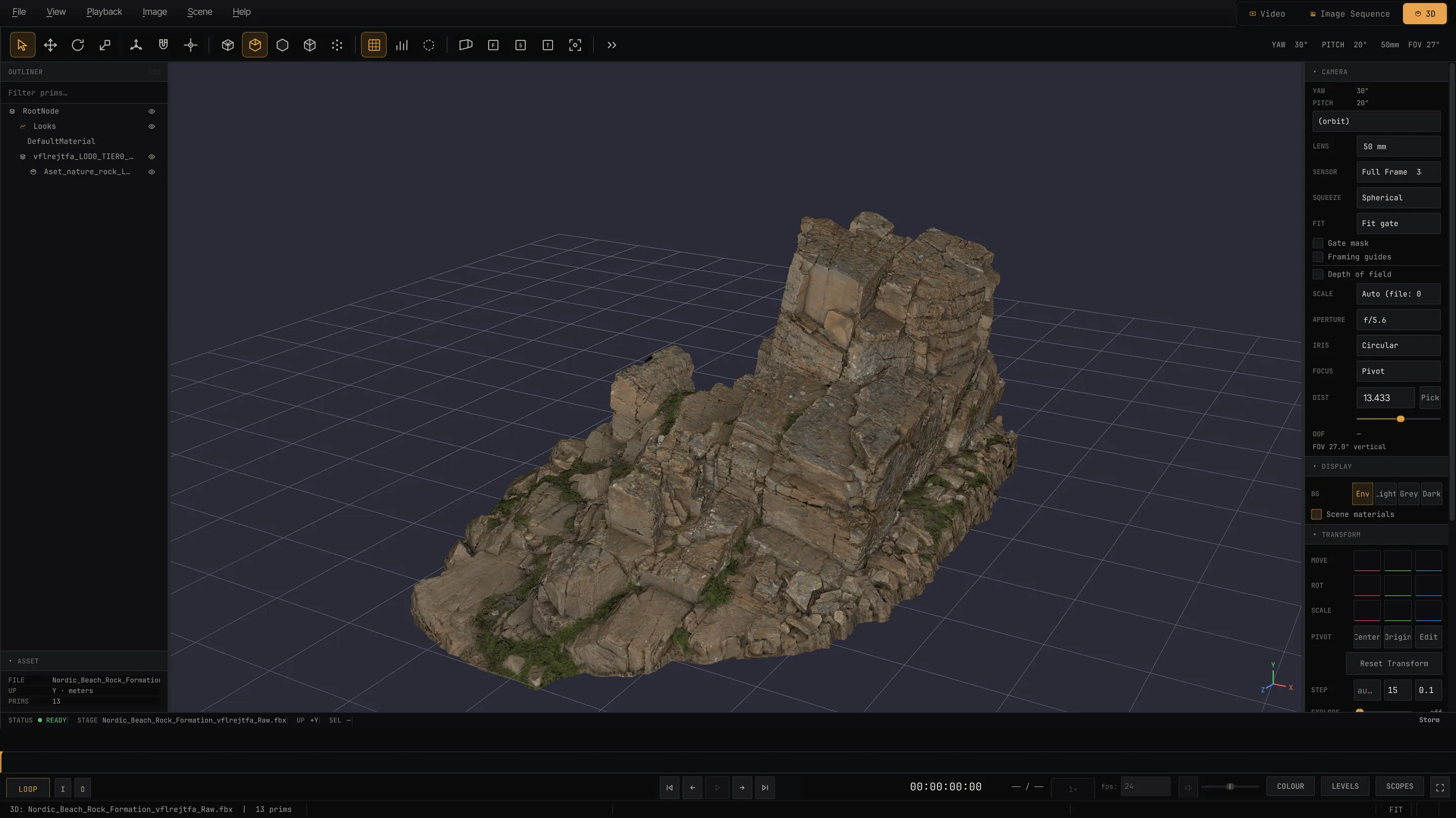 A photogrammetry rock formation loaded from FBX in MPT's 3D viewport.