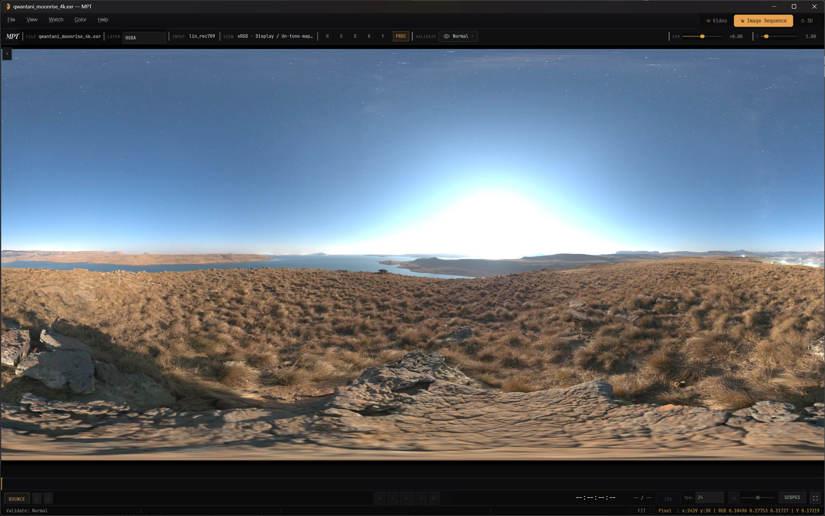 A 4K scene-linear HDR panorama open in MPT with scopes attached.