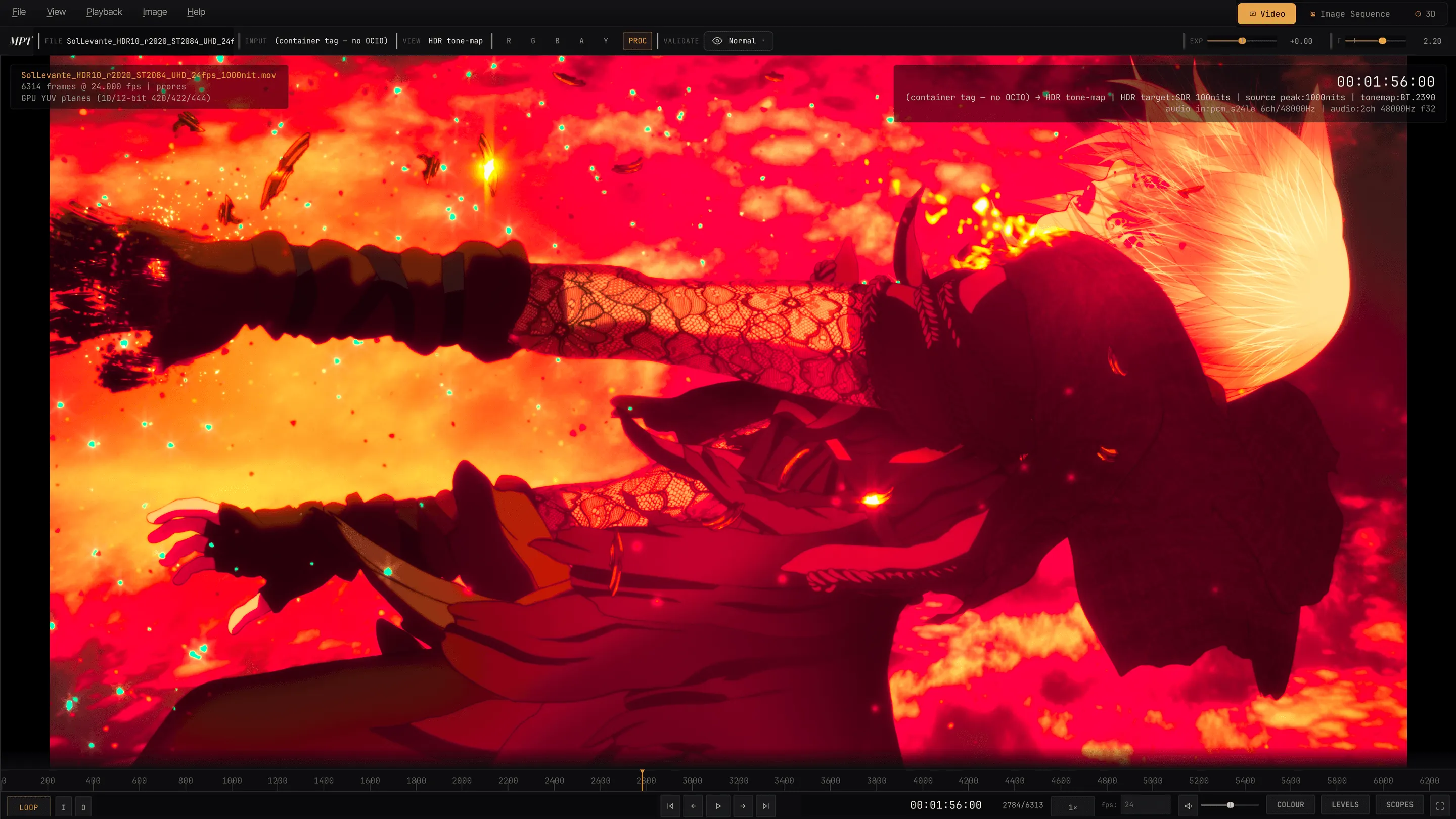 An HDR10 frame from the anime film Sol Levante, a figure wreathed in fire, playing in MPT with the HDR tone-mapping settings shown across the top of the viewer.